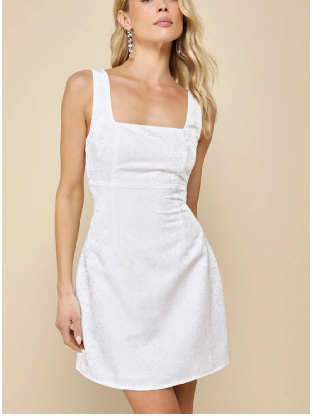 Lulus New Perfectly Flirtatious White Floral Jacquard Tie-Back Mini Dress (M)